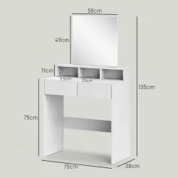 Mesa de Maquillaje con Espejo 2 Cajones 3 Compartimentos Tocador para Dormitorio 75x38x135 cm Blanco - Ogal.Es