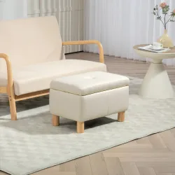 Baúl de Almacenaje para Dormitorio 33L Tapizado en PU Banco de Almacenaje con Patas de Madera 60x38x40 cm Crema - Ogal.Es