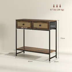 Mesa Consola con Estante Abierto y 2 Cajones Frontales de Ratán Consola para Recibidor 80x30x75 cm Marrón Rústico - Ogal.Es