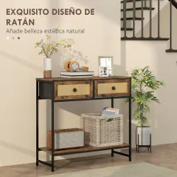 Mesa Consola con Estante Abierto y 2 Cajones Frontales de Ratán Consola para Recibidor 80x30x75 cm Marrón Rústico - Ogal.Es