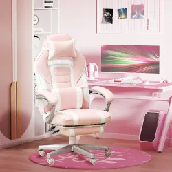 Silla Gaming Reclinable con Altura Ajustable Reposapiés Retráctil Soporte Lumbar y Reposacabezas Desmontable Rosa - Ogal.Es