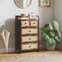 Cómoda para Dormitorio con 5 Cajones con Frentes de Ratán y Marco de Acero 58x29x99 cm Marrón Rústico - Ogal.Es