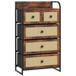 Cómoda para Dormitorio con 5 Cajones con Frentes de Ratán y Marco de Acero 58x29x99 cm Marrón Rústico - Ogal.Es