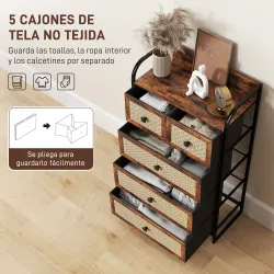 Cómoda para Dormitorio con 5 Cajones con Frentes de Ratán y Marco de Acero 58x29x99 cm Marrón Rústico - Ogal.Es