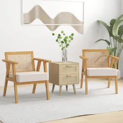 Sillón de Salón con Reposabrazos Respaldo de Ratán y Marco de Madera de Caucho Carga 120 kg Natural y Beige - Ogal.Es