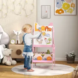 Pizarra Infantil de Doble Cara con 2 Cajas de Tela Caballete de Pintura para Niños con Estampado de Animales Rosa - Ogal.Es