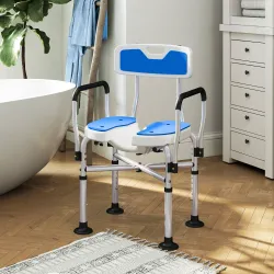 Silla de Ducha con Asiento Ranurado Altura Regulable Antideslizante Respaldo y Reposabrazos Carga 136 kg Azul - Ogal.Es