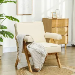Sillón de Salón Tapizado en PU con Reposabrazos y Marco de Madera de Caucho para Dormitorio Carga 120 kg Crema - Ogal.Es