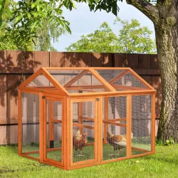 Gallinero para Exterior 140x88,5x106 cm con 3 Perchas Marco de Madera y 2 Puertas con Cierre Madera Natural - Ogal.Es