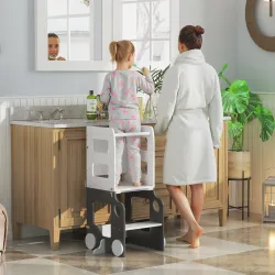 Torre de Aprendizaje Taburete Infantil con Pizarra Convertible en Mesa y Silla con Diseño de Coche Blanco y Gris - Ogal.Es