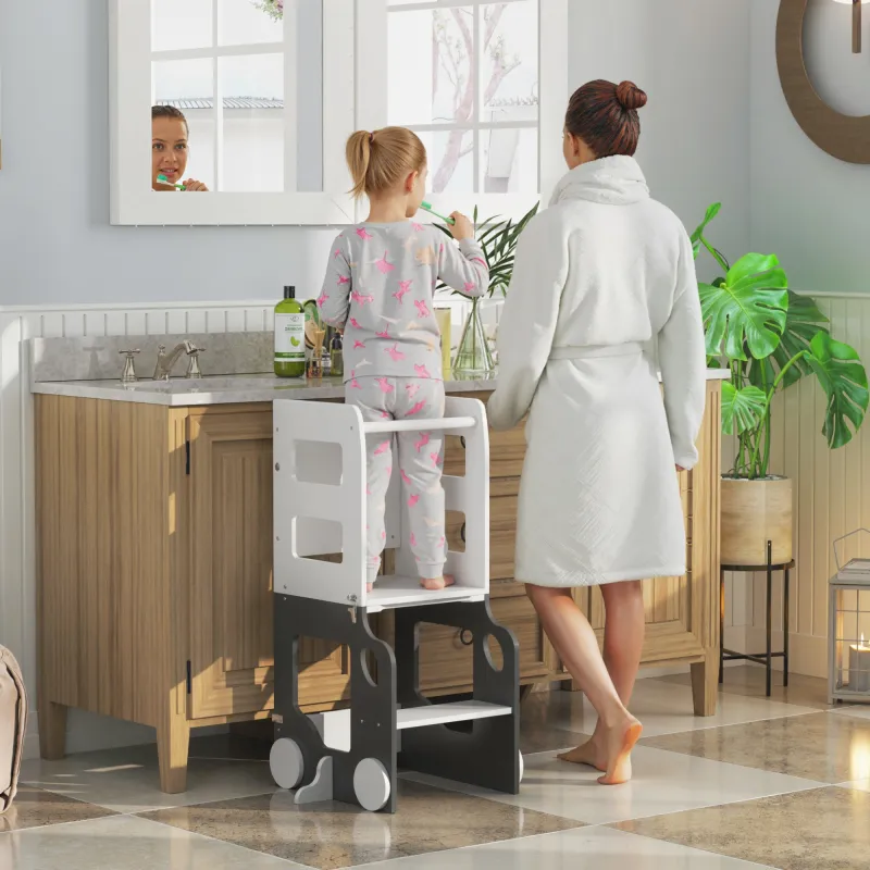 Torre de Aprendizaje Taburete Infantil con Pizarra Convertible en Mesa y Silla con Diseño de Coche Blanco y Gris - Ogal.Es