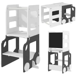Torre de Aprendizaje Taburete Infantil con Pizarra Convertible en Mesa y Silla con Diseño de Coche Blanco y Gris - Ogal.Es