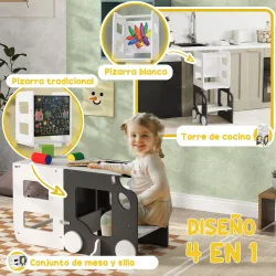 Torre de Aprendizaje Taburete Infantil con Pizarra Convertible en Mesa y Silla con Diseño de Coche Blanco y Gris - Ogal.Es