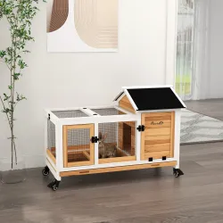 Jaula para Conejos con Ruedas Techo Abatible y Bandeja Extraíble para Interior y Exterior 108x58x73,5 cm Natural - Ogal.Es