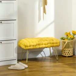 Banco Pie de Cama Tapizado en Terciopelo Reposapiés con Patas de Metal y Asiento Acolchado Amarillo - Ogal.Es