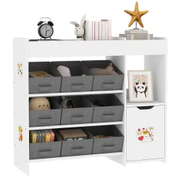 Organizador Infantil con Compartimentos 9 Cestas Extraíbles y Láminas de Pegatinas 92x30x80 cm Blanco - Ogal.Es