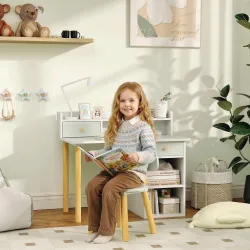 Juego de Escritorio Infantil con Silla Pupitre Infantil con Cajones Compartimento y Estantes Verde Claro y Blanco - Ogal.Es