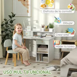 Juego de Escritorio Infantil con Silla Pupitre Infantil con Cajones Compartimento y Estantes Verde Claro y Blanco - Ogal.Es