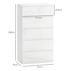 Cómoda con 5 Cajones Diseño Anti-vuelco Cajonera para Salón Pasillo 55x33x100 cm Blanco Brillante - Ogal.Es
