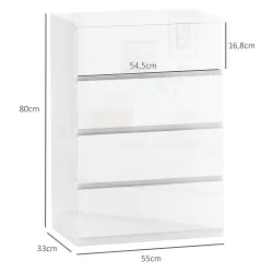 Cómoda con 4 Cajones Diseño Anti-vuelco Cajonera para Salón Pasillo 55x33x80 cm Blanco Brillante - Ogal.Es
