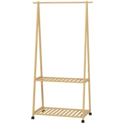Perchero Burro para Ropa de Bambú con Ruedas 2 Estantes Abiertos y 2 Ganchos 84,5x43,5x158 cm Natural - Ogal.Es