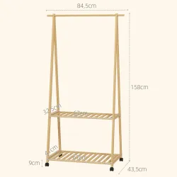 Perchero Burro para Ropa de Bambú con Ruedas 2 Estantes Abiertos y 2 Ganchos 84,5x43,5x158 cm Natural - Ogal.Es