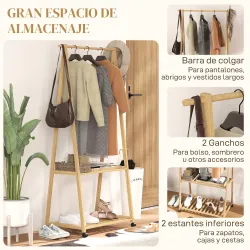 Perchero Burro para Ropa de Bambú con Ruedas 2 Estantes Abiertos y 2 Ganchos 84,5x43,5x158 cm Natural - Ogal.Es