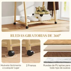 Perchero Burro para Ropa de Bambú con Ruedas 2 Estantes Abiertos y 2 Ganchos 84,5x43,5x158 cm Natural - Ogal.Es