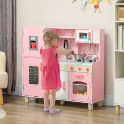 Cocina de Madera Infantil con Sonido Fogón Horno Grifo Fregadero Microondas Lavadora Máquina de Hielo Rosa - Ogal.Es