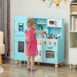 Cocina de Madera Infantil con Sonido Fogón Horno Grifo Fregadero Microondas Lavadora Máquina de Hielo Azul - Ogal.Es