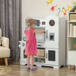 Cocina de Madera Infantil con Fogón Grifo Fregadero Microondas Reloj Máquina de Hielo y Accesorios de Cocina Blanco - Ogal.Es
