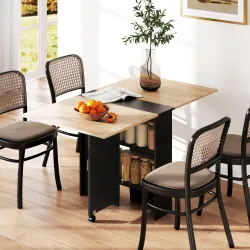 Mesa de Cocina Plegable con Ruedas 2 Estantes de Almacenaje y 2 Alas Abatibles Estilo Moderno 75x140x74 cm Natural - Ogal.Es