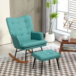 Silla Mecedora con Reposapiés Cojín Acolchado y Reposabrazos Carga 130 kg Verde Azulado - Ogal.Es