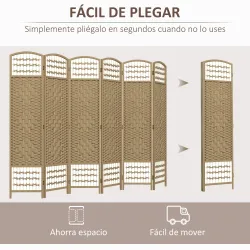 Biombo Separador de Ambientes de 6 Paneles Plegable de Cuerda de Papel 160x170cm Decoración para Dormitorio Natural - Ogal.Es