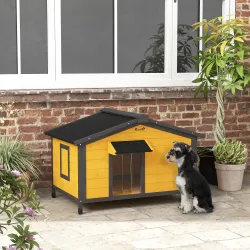 Caseta para Perros Exterior con Techo Asfáltico Abatible Ventanas y Base Extraíble 97x72x65 cm Madera Natural - Ogal.Es