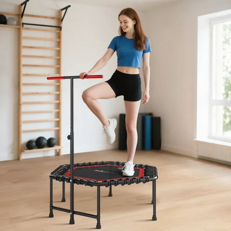 Trampolín de Fitness 114x114x132 cm con Mango Ajustable de 3 Niveles y Marco de Acero Rojo - Ogal.Es