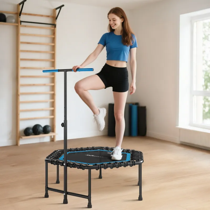 Trampolín de Fitness 114x114x132 cm con Mango Ajustable de 3 Niveles y Marco de Acero Azul - Ogal.Es