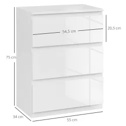 Cómoda con 3 Cajones Cómoda de Dormitorio Moderno con Diseño Anti-vuelco 55x34x75 cm Blanco Brillo - Ogal.Es