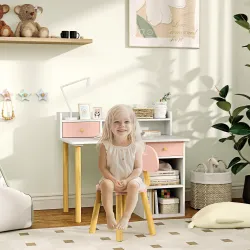 Juego de Escritorio Infantil con Silla Pupitre Infantil con Cajones Compartimento y Estantes Rosa y Blanco - Ogal.Es