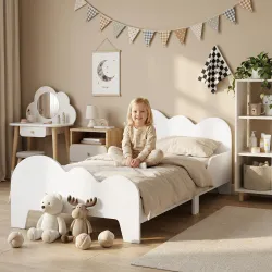 Cama para Niños de +3 Años 140x70 cm Tema de Nubes Estructura de Cama infantil con Barandilla Carga 80 kg Blanco - Ogal.Es