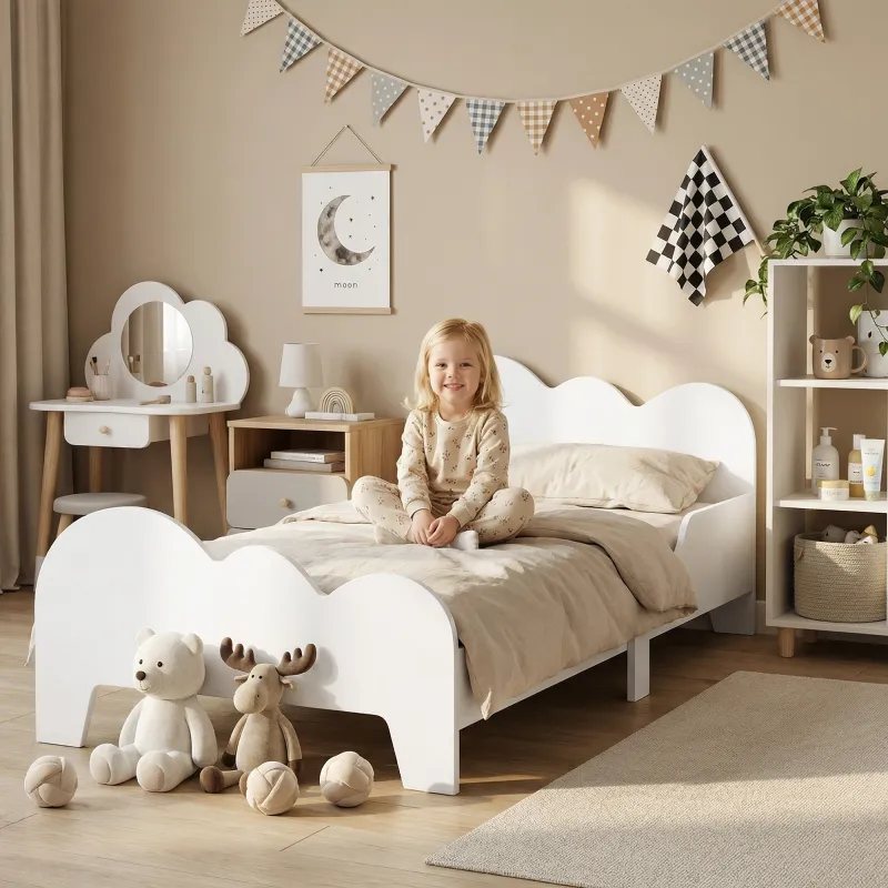 Cama para Niños de +3 Años 140x70 cm Tema de Nubes Estructura de Cama infantil con Barandilla Carga 80 kg Blanco - Ogal.Es
