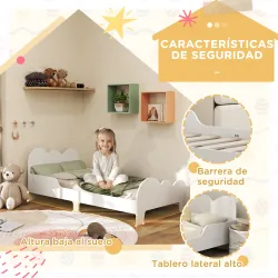 Cama para Niños de +3 Años 140x70 cm Tema de Nubes Estructura de Cama infantil con Barandilla Carga 80 kg Blanco - Ogal.Es