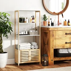 Estantería de Baño de Bambú con 3 Estantes Abiertos Puertas de Lamas 63x30x138 cm Natural y Blanco - Ogal.Es