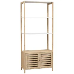 Estantería de Baño de Bambú con 3 Estantes Abiertos Puertas de Lamas 63x30x138 cm Natural y Blanco - Ogal.Es