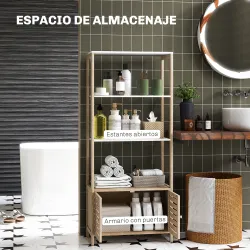 Estantería de Baño de Bambú con 3 Estantes Abiertos Puertas de Lamas 63x30x138 cm Natural y Blanco - Ogal.Es