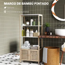 Estantería de Baño de Bambú con 3 Estantes Abiertos Puertas de Lamas 63x30x138 cm Natural y Blanco - Ogal.Es