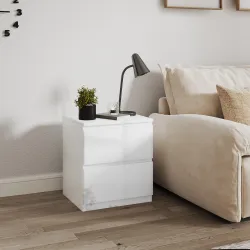 Mesilla de Noche con 2 Cajones Mesa de Noche para Dormitorio Salón 40x34x45 cm Blanco Brillo - Ogal.Es