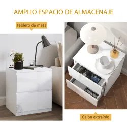 Mesilla de Noche con 2 Cajones Mesa de Noche para Dormitorio Salón 40x34x45 cm Blanco Brillo - Ogal.Es