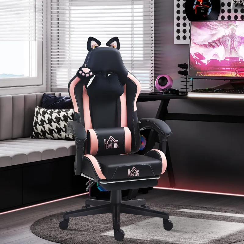 Silla Gamer Reclinable con Altura Ajustable Reposapiés Retráctil Soporte Lumbar y Reposacabezas Desmontable Negro - Ogal.Es