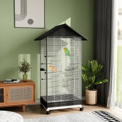 Jaula para Pájaros con Ruedas Pajarera Metálica con Bandeja Extraíble Puertas 79x65x155 cm Negro - Ogal.Es